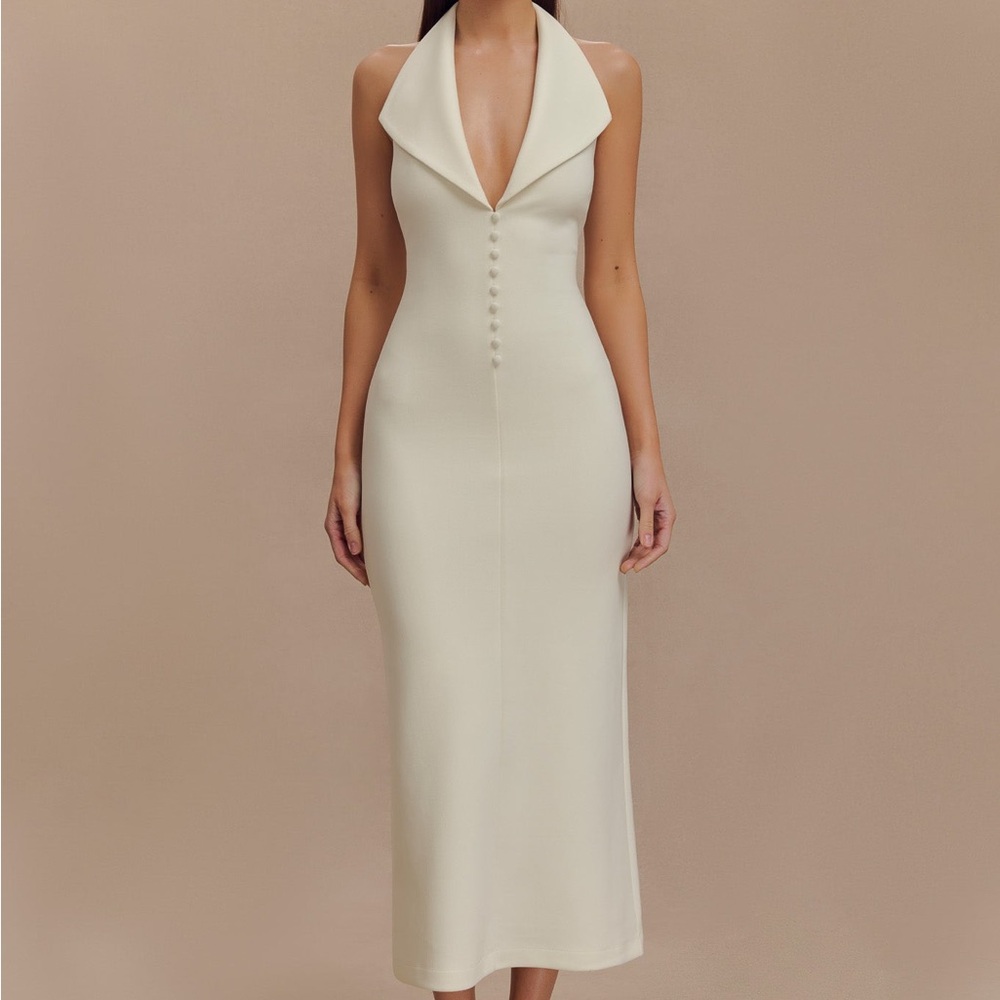 Meshki Cream Halter Midi Dress with Plunge Collar